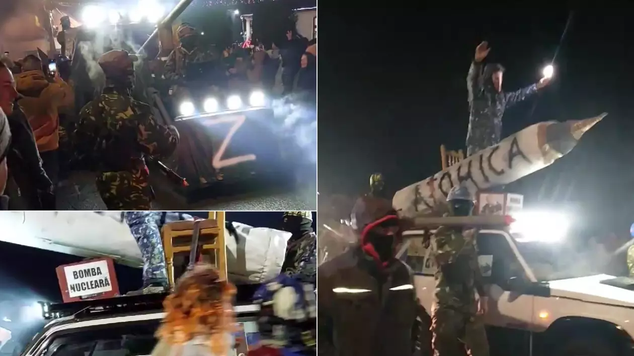 „Mascații” din Berzunți s-au îmbrăcat în ruși și au defilat cu rachete și „bomba atomică”. Personajul Putin îndeamnă la viol în plugușor