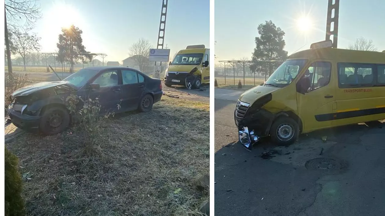 Trei elevi au ajuns la spital, în urma unui accident produs între un microbuz școlar și o mașină la Iratoșu, județul Arad