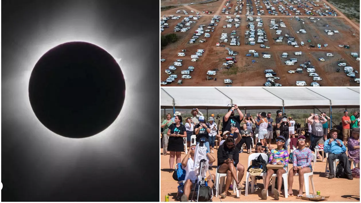 Eclipsă solară hibridă totală, vizibilă dintr-un orășel din nord-vestul Australiei care a fost luat cu asalt de mii de oameni
