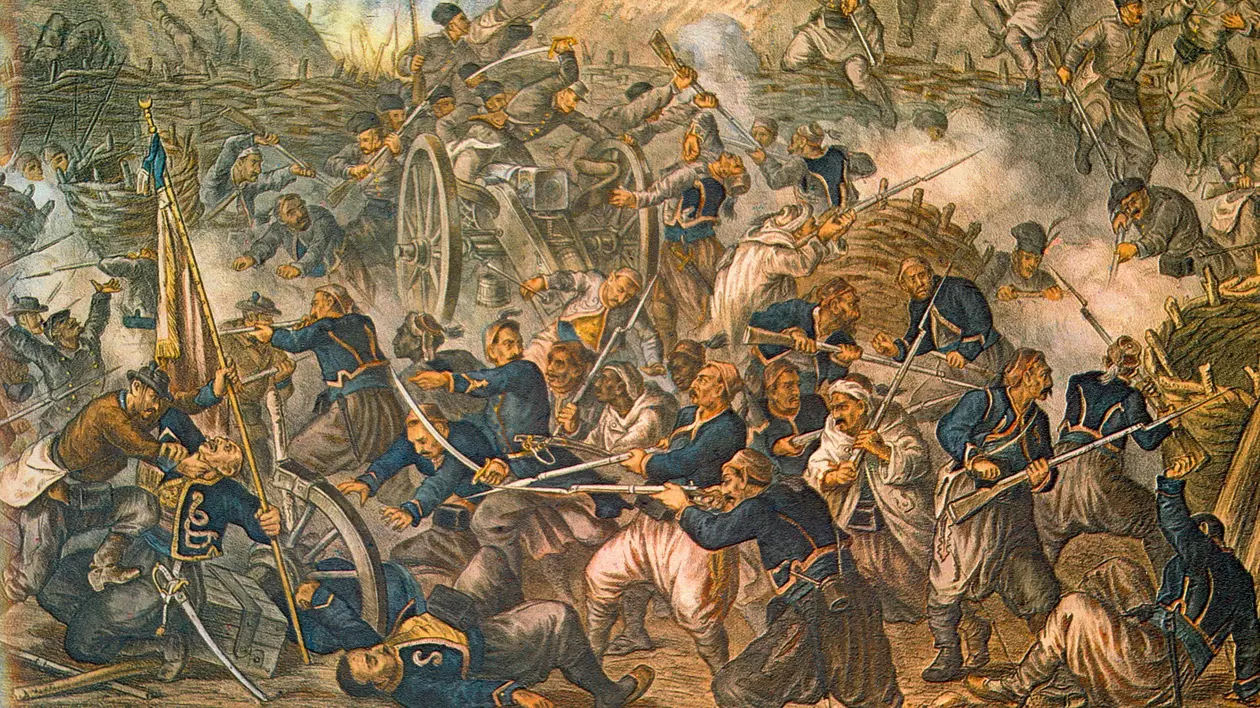 Cum şi-a dobândit România independenţa - Imagine cu litografia Cucerirea redutei Griviţa de către trupele române, realizată de Henryk Dembinski