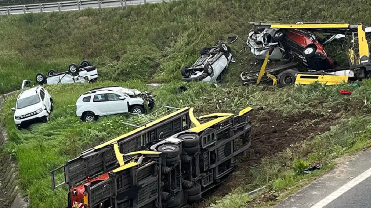 Dacii Duster împrăștiate pe câmp, la ieșirea de pe Autostrada Vestului, în Arad. Șoferul care le transporta pe platformă a murit la spital