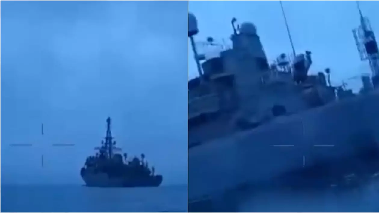 Imagini publicate de ucraineni, cu ceea ce Moscova a numit „o tentativă nereușită”. Cum a fost atacată cu drone o navă rusească, în Marea Neagră
