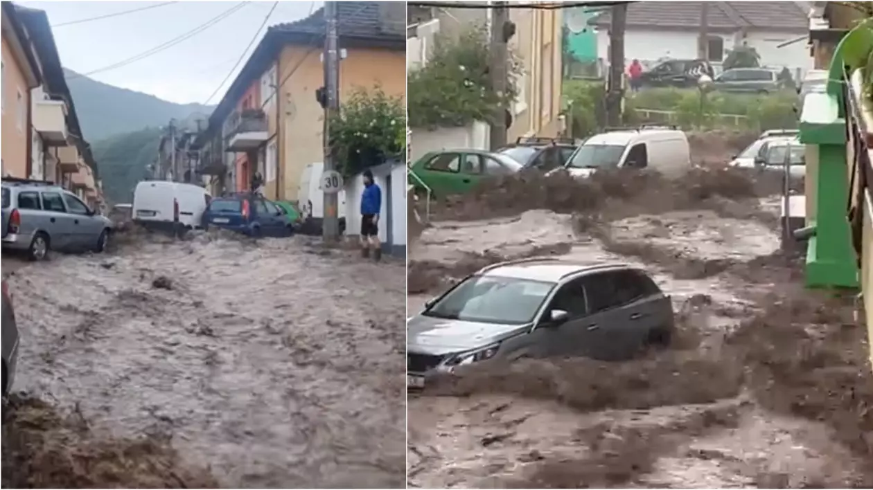 Potop pe străzile din Reșița, după o ploaie torențială. Mai multe case au fost inundate. VIDEO