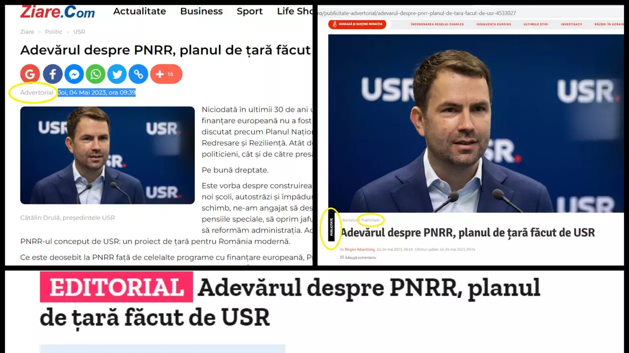 USR a ieșit cu același text, pe trei site-uri de știri, ca publicitate politică, pe altul - ca editorial, nemarcat