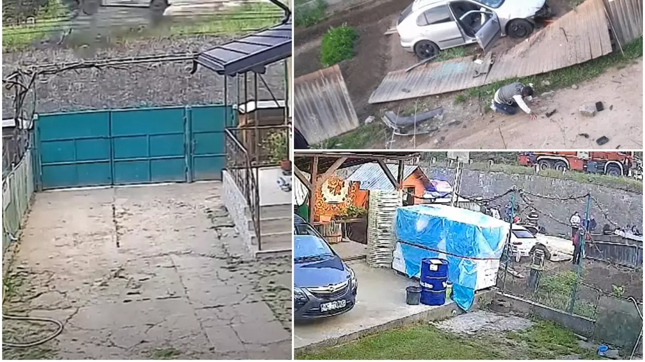 Mașină filmată când decolează de pe un pod, în Bacău, și aterizează în curtea unei case