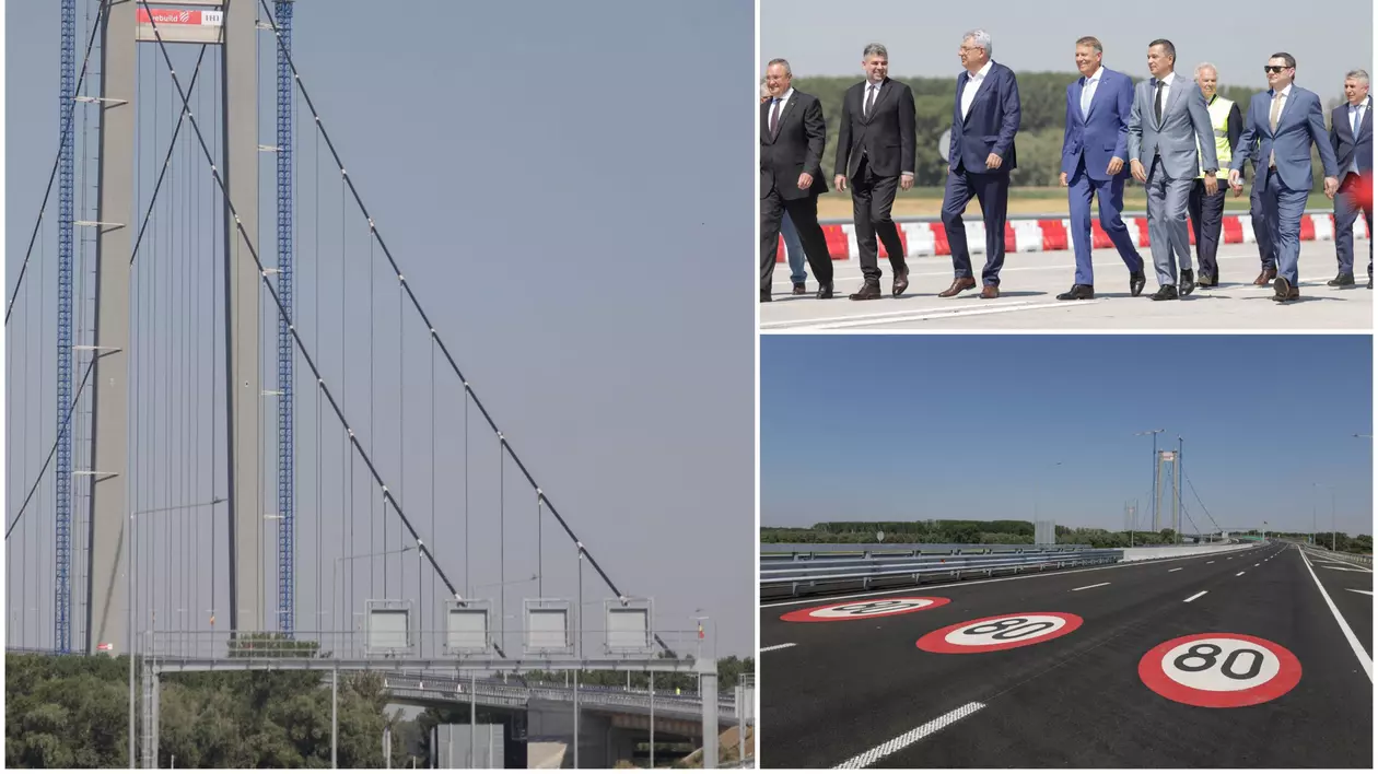 Podul suspendat peste Dunăre, deschis circulației, cu restricții pe timpul nopții. Iohannis: „Cea mai amplă construcție din ultimele 3 decenii"