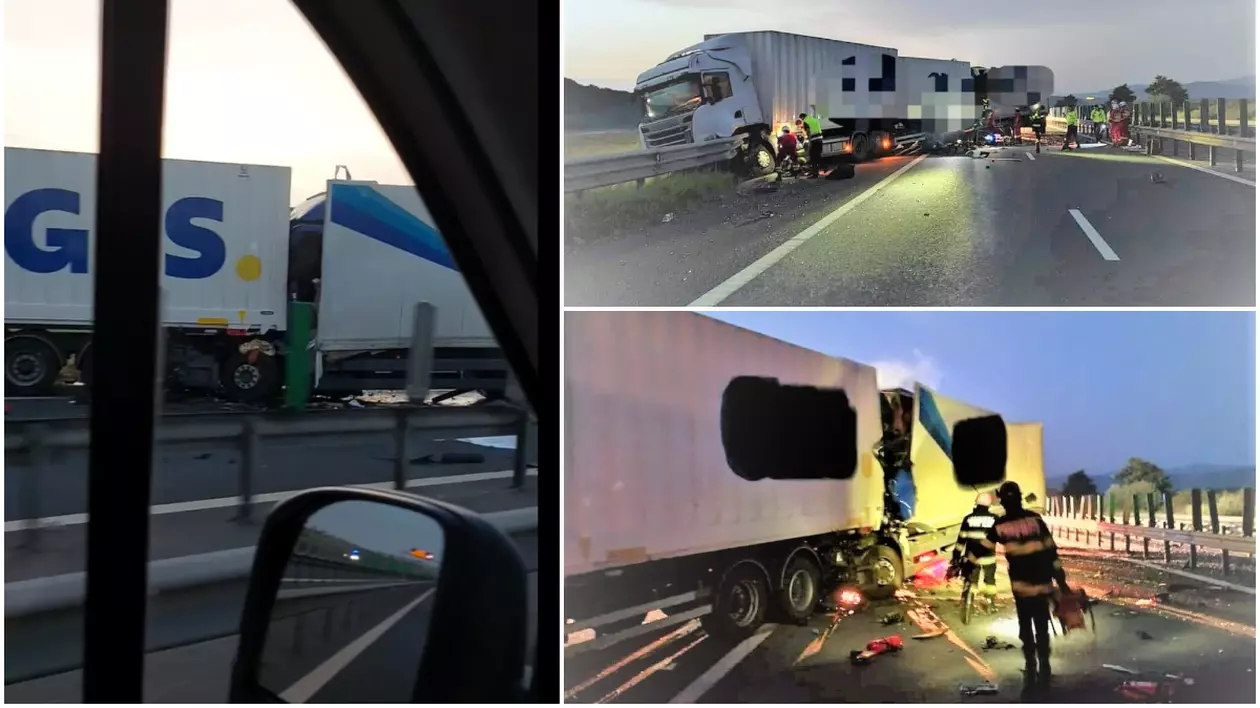 Imagini teribile de la accidentul în care un camionagiu de 23 de ani a murit strivit în cabină, pe A1, unde a intrat în TIR-ul unui coleg curier