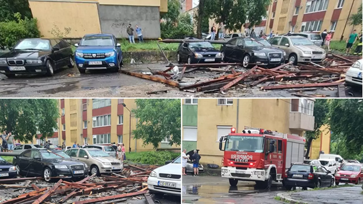 Furtuna și ploile torențiale au făcut ravagii în Caraș-Severin. La Reșița, vântul a smuls acoperișul unui bloc