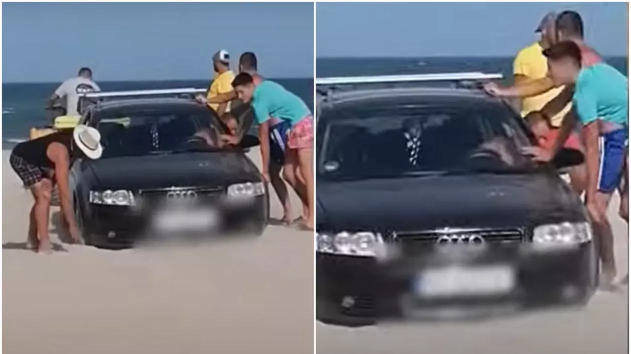 Un șofer a intrat cu mașina pe plaja din Eforie Nord și a rămas blocat în nisip. Ce amendă a primit VIDEO