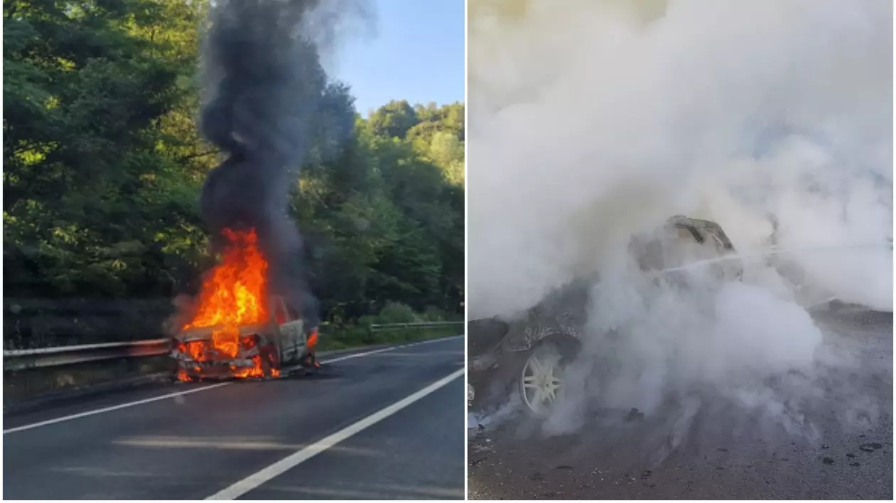 O mașină a ars ca o torță pe DN6, în Caraş-Severin. Şoferul a încercat să stingă singur incendiul şi a suferit arsuri
