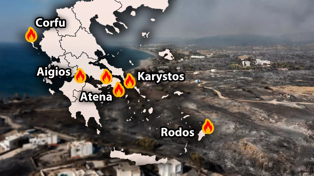 Grecia arde: incendii pe Rodos, Corfu, Evia, lângă Atena și în Peloponez. „A fost panică. Autoritățile au fost copleșite”