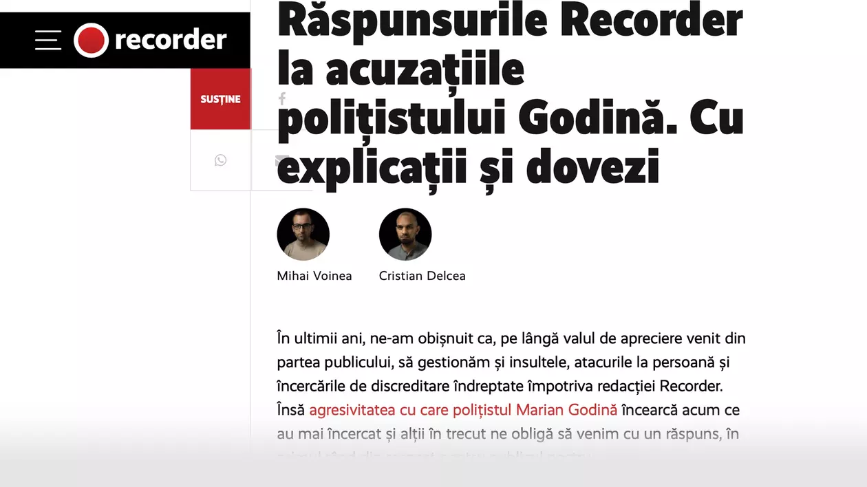Răspunsul publicației Recorder la acuzațiile polițistului Marian Godină: „Nu toate informațiile pe care le afli pe parcursul unei documentări sunt relevante pentru materialul jurnalistic”