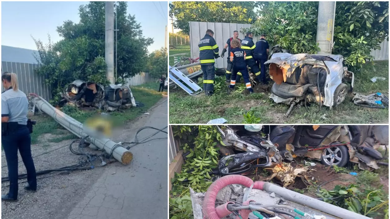 Un șofer fără permis și un băiat de 16 ani au murit într-un BMW rupt în două într-un stâlp, lângă Pechea, în Galați