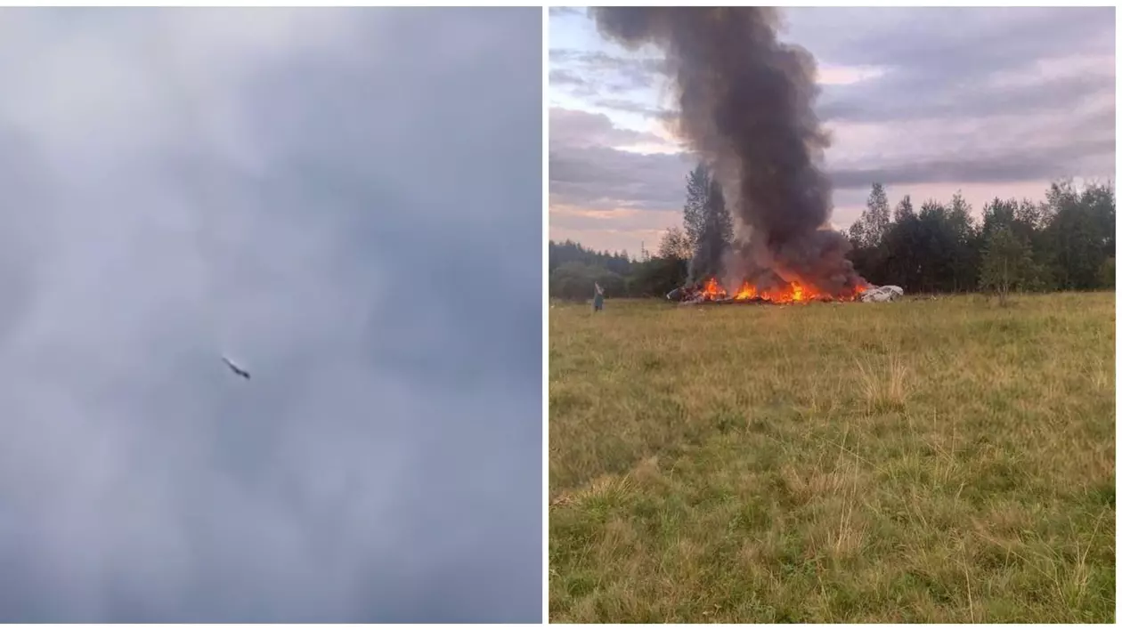 Momentul în care avionul la bordul căruia se afla Evgheni Prigojin se prăbușește. Aeronava, mistuită de flăcări