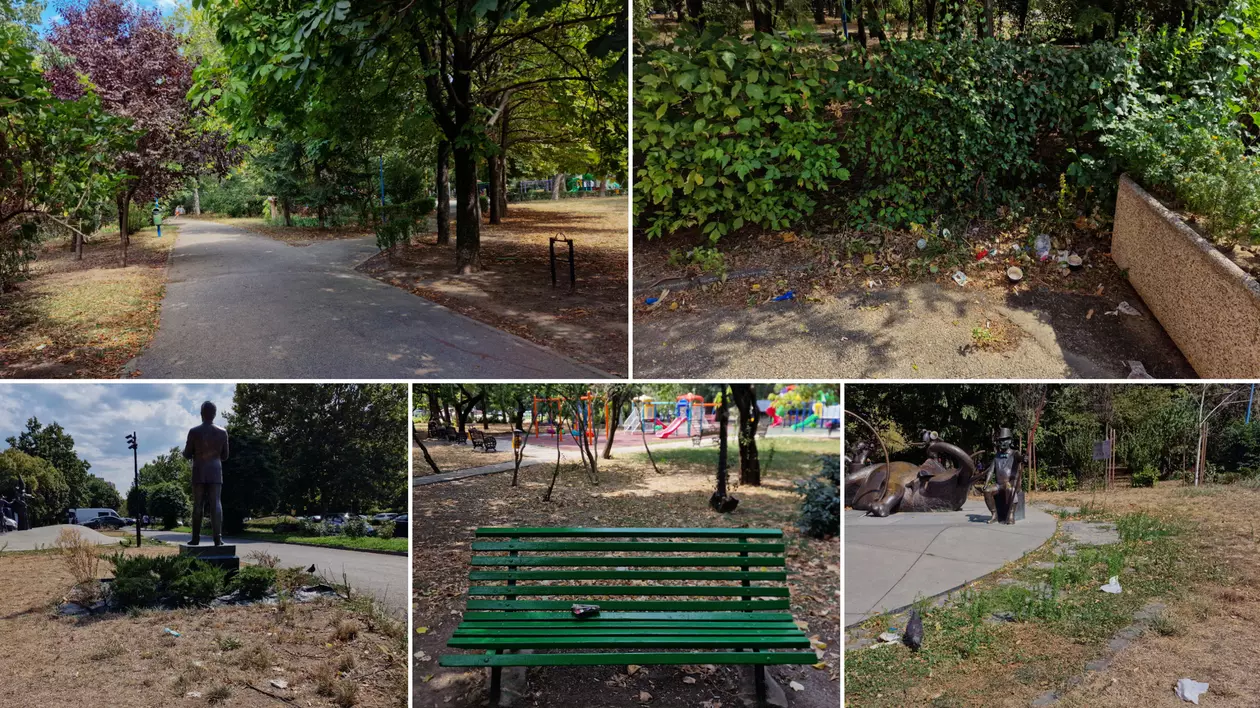 FOTO. În Parcul Circului din București, toată iarba e pârjolită. Rezistă, în schimb, gunoaiele