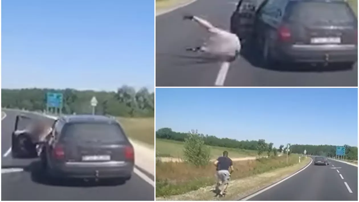 Șofer român filmat când sare de la volan, în mers, ca să scape de polițiștii care-l urmăreau, în Ungaria. VIDEO