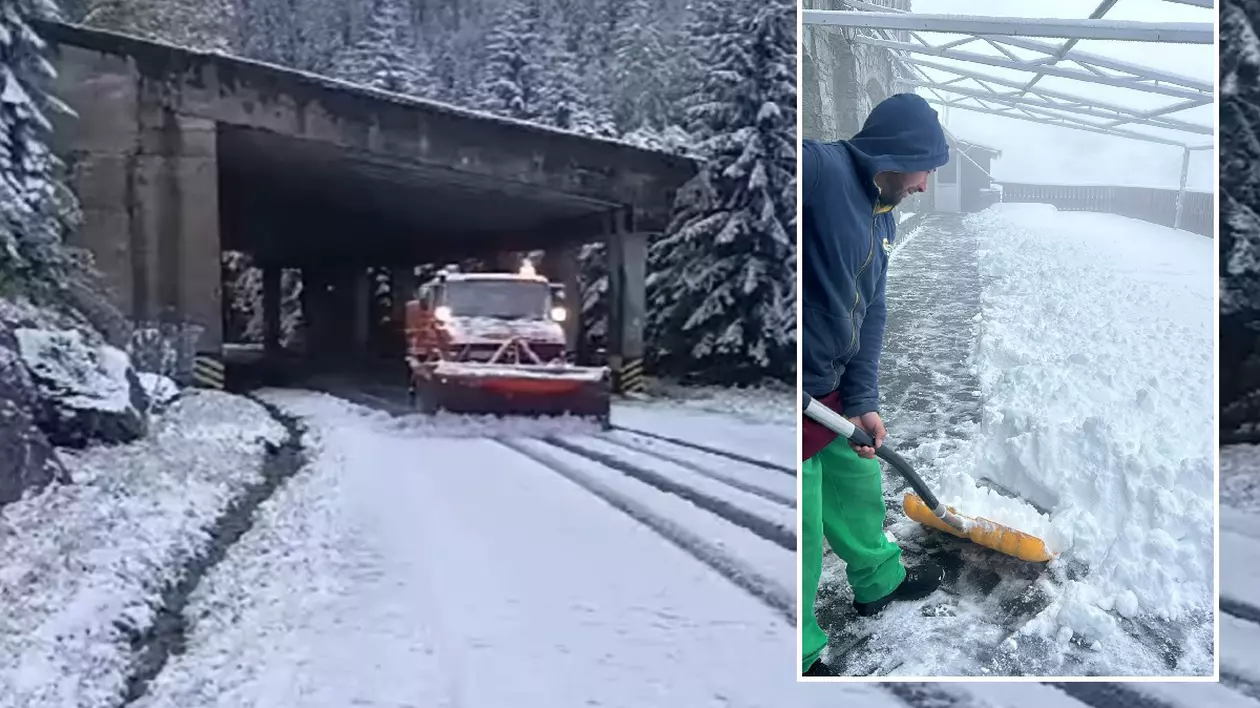 Prima zăpadă pe Transfăgărășan: drumarii au ieșit cu plugurile ca să curețe șoseaua | VIDEO
