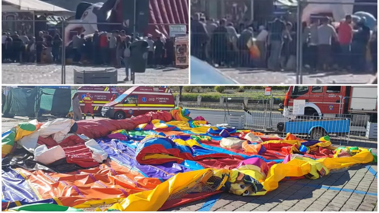 Patru copii răniți, după ce un tobogan gonflabil s-a răsturnat la Festivalul Oktoberfest din București. Imagini filmate de un martor | VIDEO