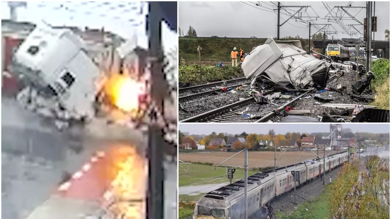 Momentul în care un camion este spulberat de un tren care s-a oprit după 350 de metri, în Belgia: „Arăta ca după bombardament”