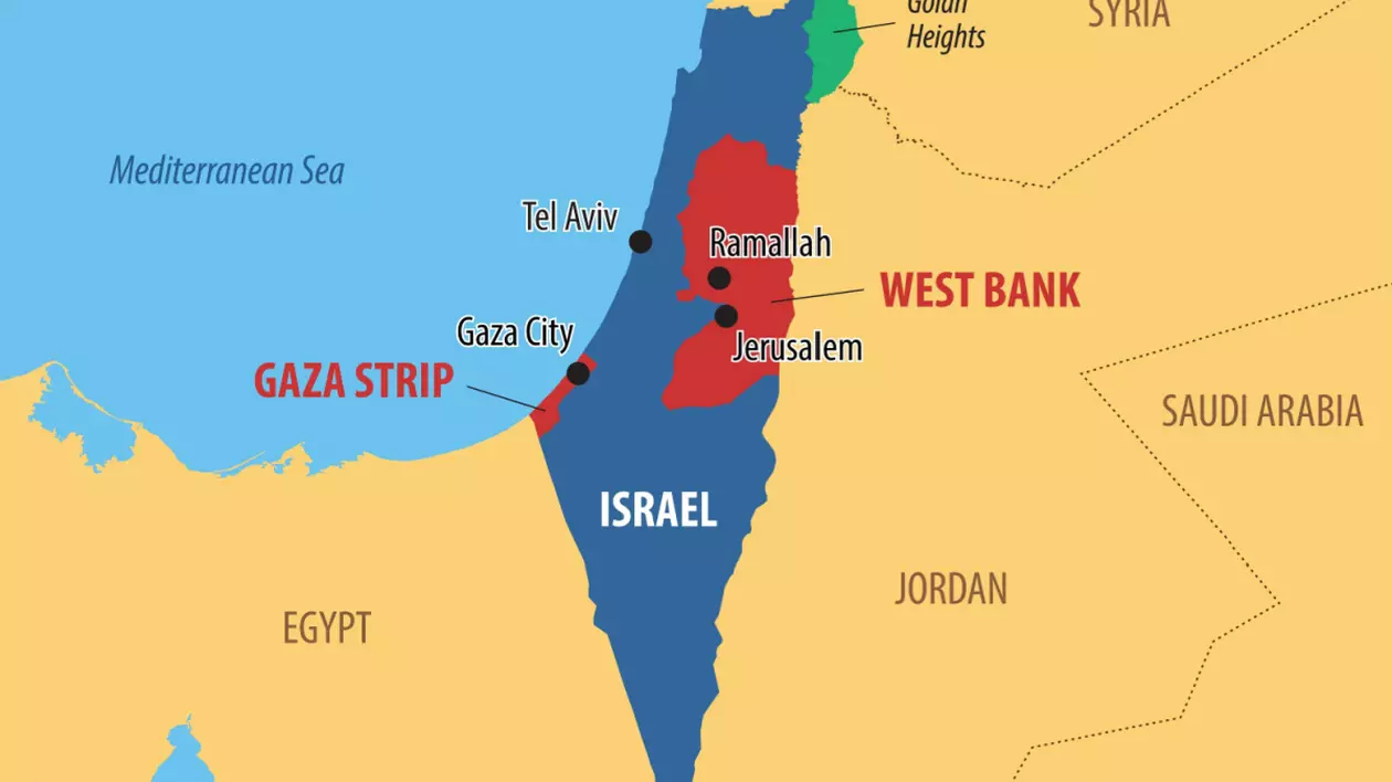 Fâşia Gaza - Imagine cu harta Israelului pe care sunt marcate Fâşia Gaza şi Cisiordania.