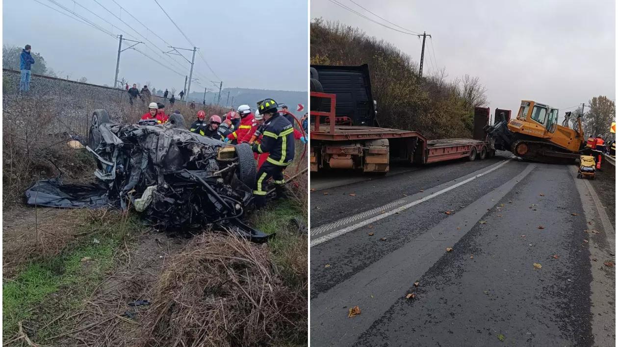 Un buldoexcavator de 25 de tone a căzut peste o mașină în care se aflau două tinere, pe DN7. Una a murit, cealaltă a fost grav rănită | FOTO