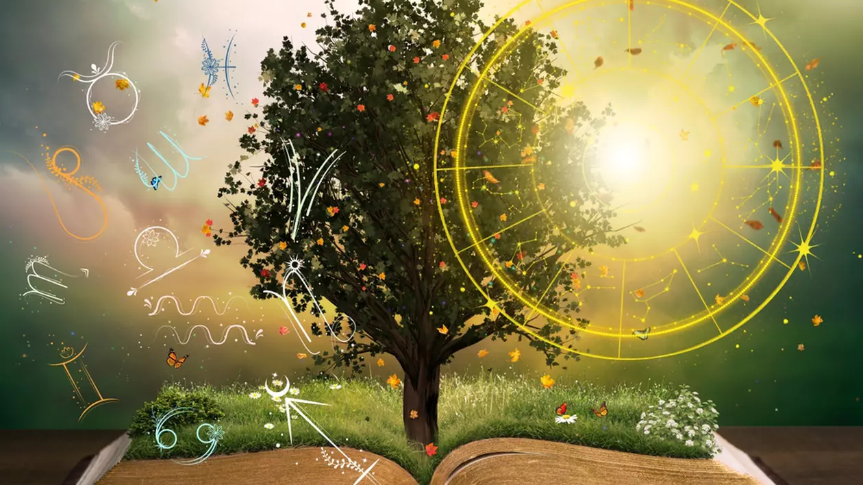 Horoscopul anului 2024 - Imagine cun copac având rădăcinile într-o carte şi fiind înconjurat de semnele zodiacului