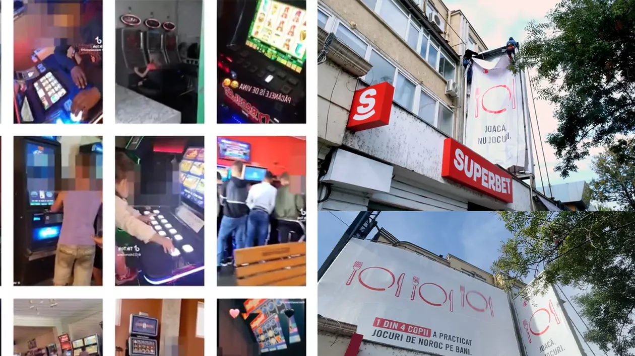 „România pare un uriaș cazinou. Reclamele nu trebuie să mai ajungă la copii”. Cine a pus bannerele de protest chiar în fața agențiilor de jocuri de noroc