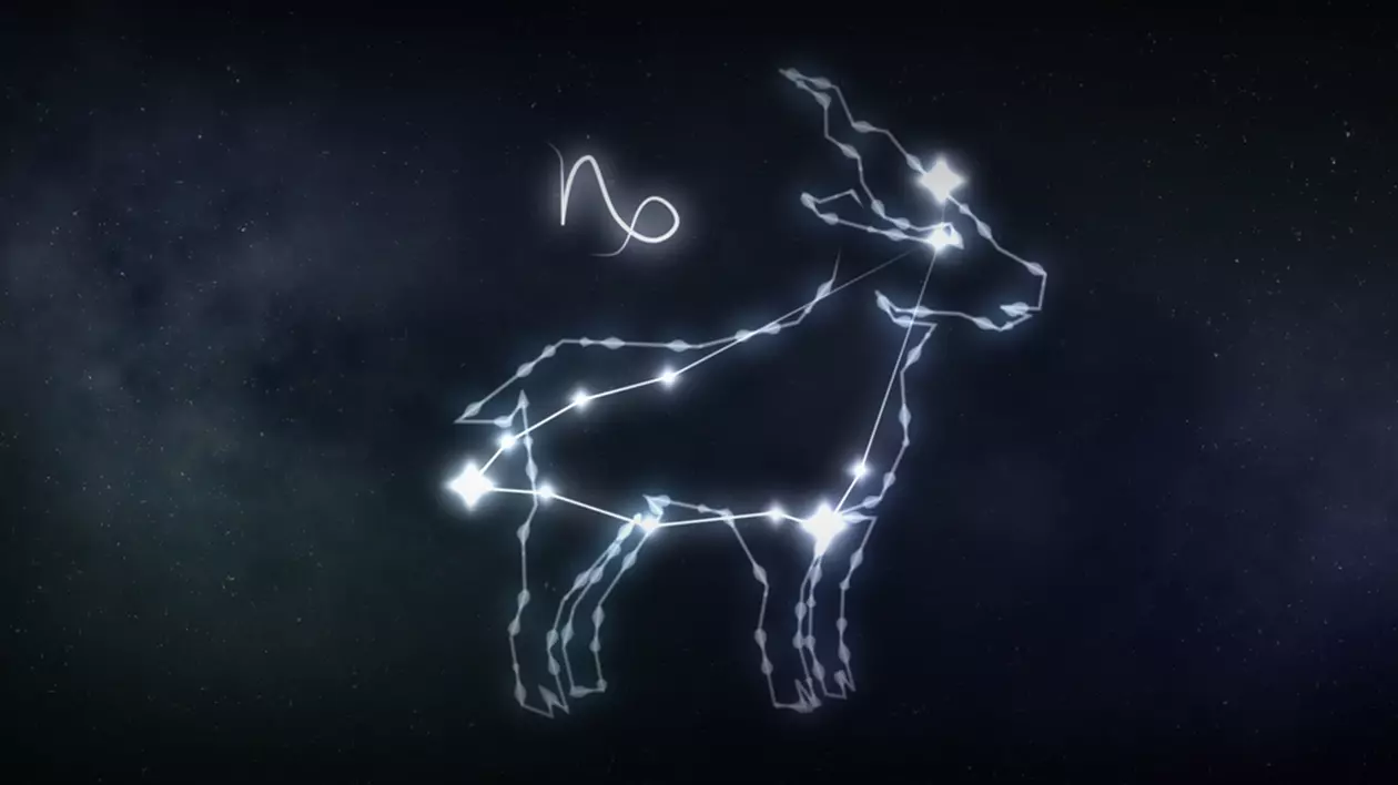 Zodia Capricorn în 2024 - Imagine reprezentând semnul zodiacal al capricornului format din stele unite cu o linie strălucitoare, pe un fond negru.