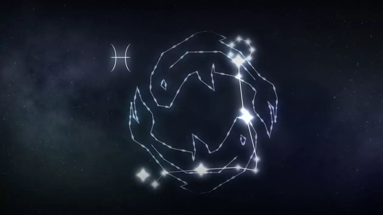 Zodia Pești în 2024 - Imagine cu semnul zodiacal al Peştilor, format din stele unite de o linie strălucitoare, pe un fond negru.
