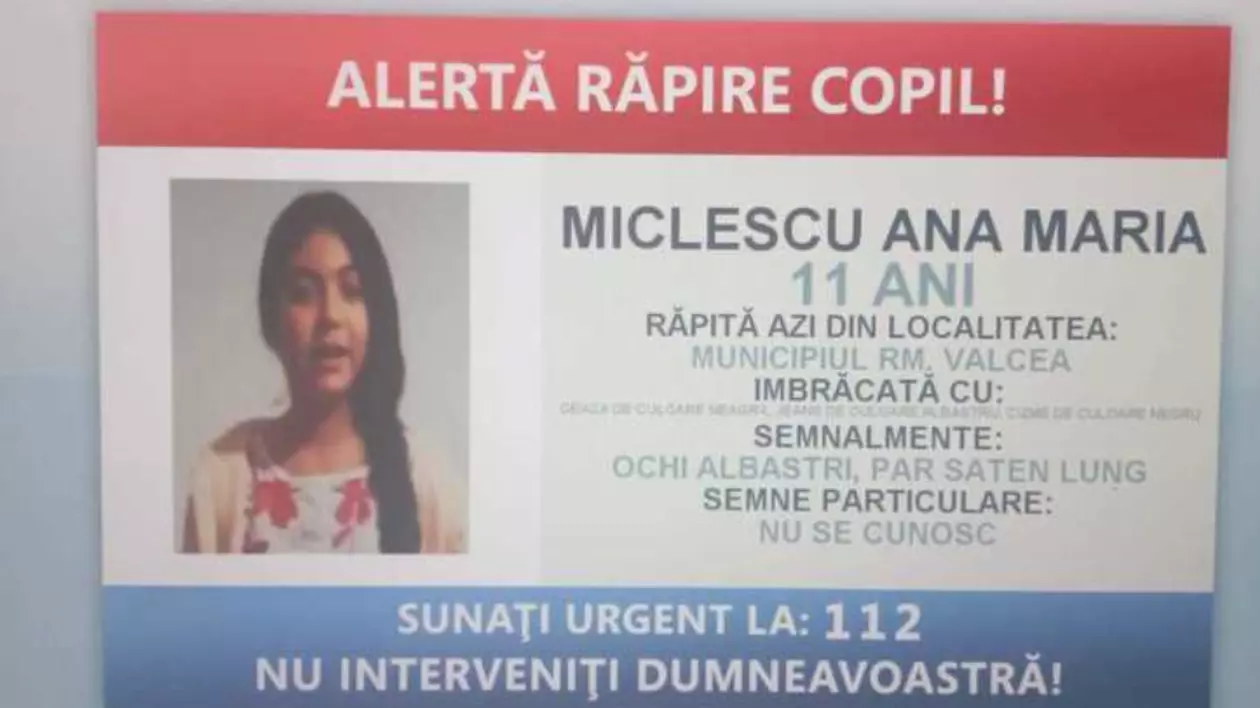 O fată de 11 ani din judeţul Vâlcea, răpită de patru bărbaţi şi o femeie. Minora a fost găsită