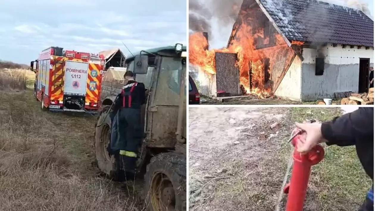 Pompierii n-au avut apă să stingă incendiul care a mistuit o casă din Satu Mare, autospeciala s-a împotmolit și a fost scoasă din noroi de un tractor | VIDEO
