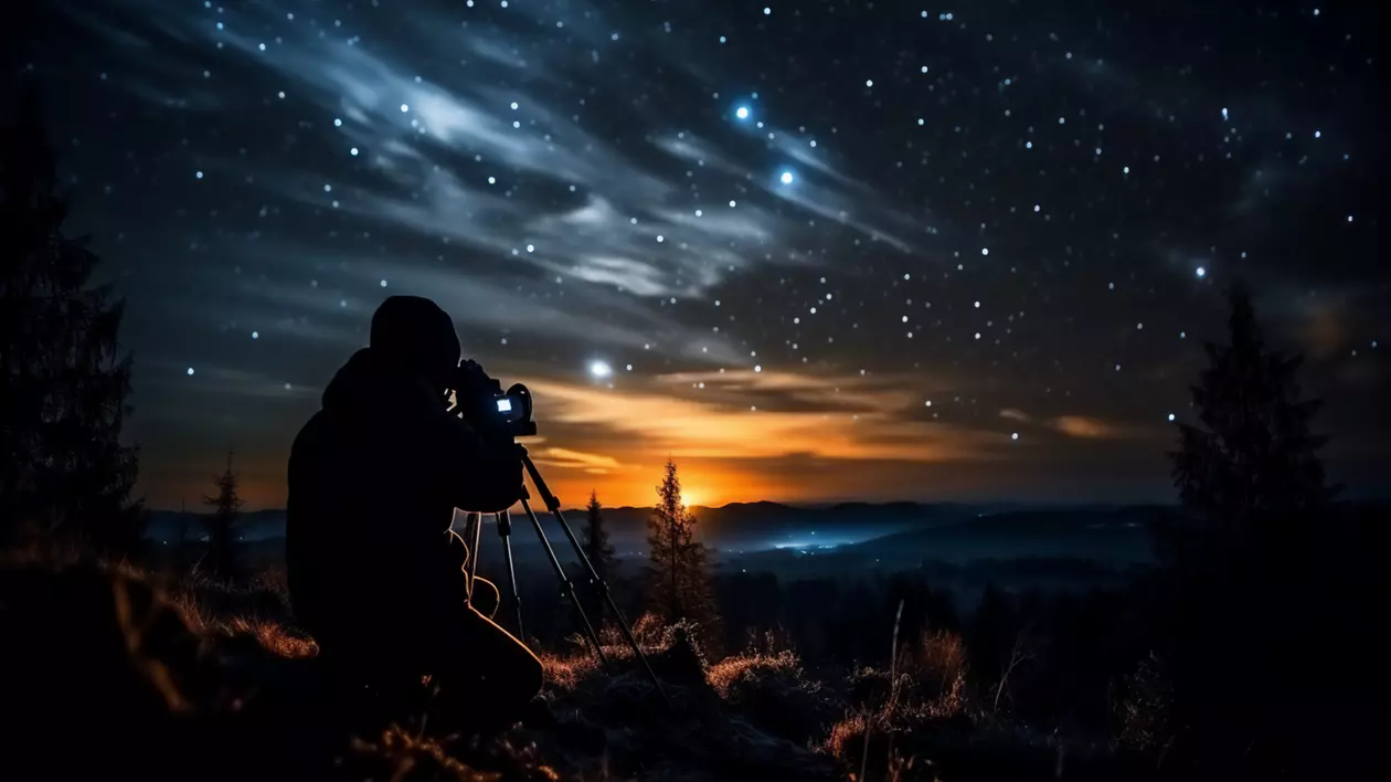 Ce fenomene astronomice vor avea loc în 2024 - Imagine cu un bărbat care fotografiază cerul, noaptea