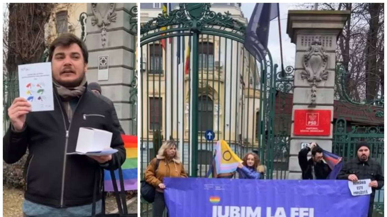Protest LGBT+ la sediul PSD din București. Manifestanții au adus cadouri pentru Marcel Ciolacu | VIDEO
