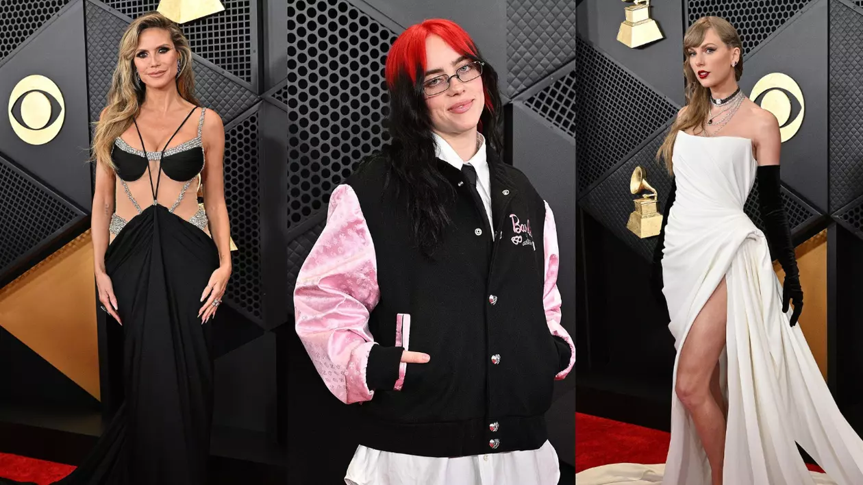 Ținutele vedetelor la Premiile Grammy 2024. În comparație cu Taylor Swift, care a purtat o rochie albă, Billie Eilish s-a îmbrăcat într-o jachetă cu pantaloni largi
