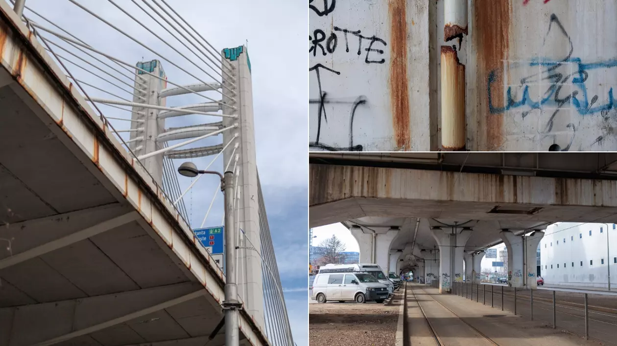 Podul Basarab, la 13 ani de la inaugurare: rugină, bucăți de beton care se desprind, mizerie 