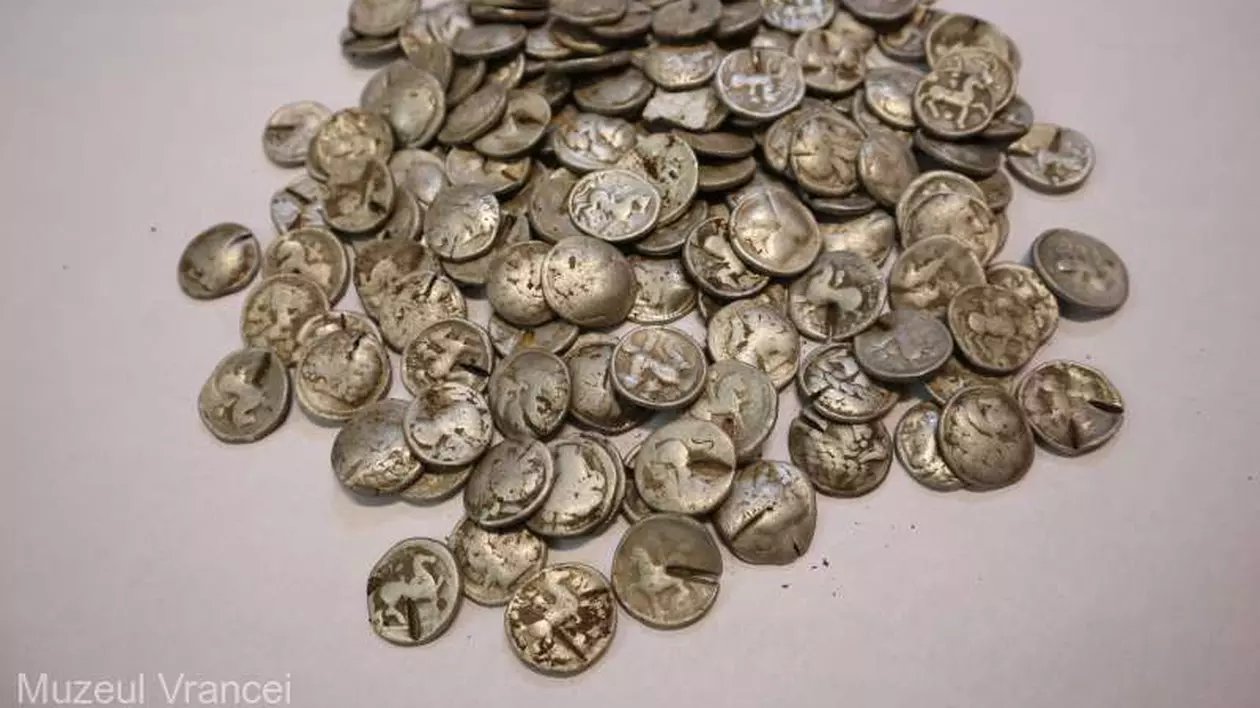 Peste 150 de drahme şi tetradrahme greceşti din argint, vechi de 2.000 de ani, descoperite în Vrancea de doi căutători de comori