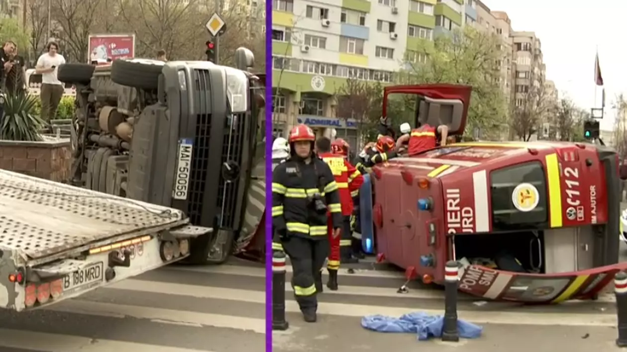 Accident grav în Bucureşti: o ambulanţă SMURD aflată în misiune s-a răsturnat după ce a fost lovită de o mașină