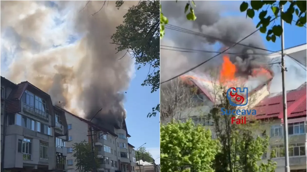 Incendiu puternic la acoperișul unui bloc din Rădăuţi. Pompierii evacuează locatarii