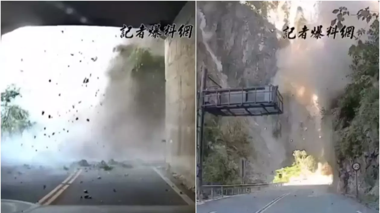 Noi imagini cu momentul cutremurului devastator din Taiwan: mașini lovite de pietre de pe versanți