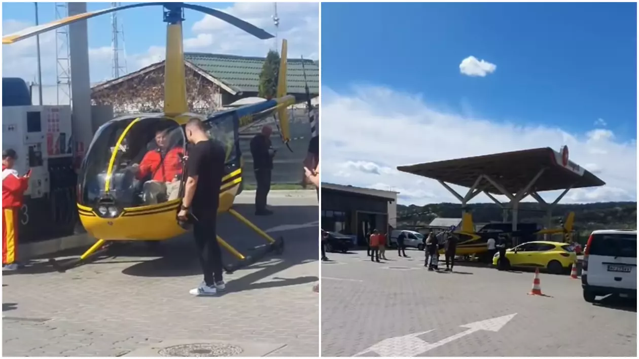 Elicopter filmat într-o benzinărie din Curtea de Argeș, unde pilotul german a făcut plinul. Ce a ieșit la iveală la verificări | VIDEO