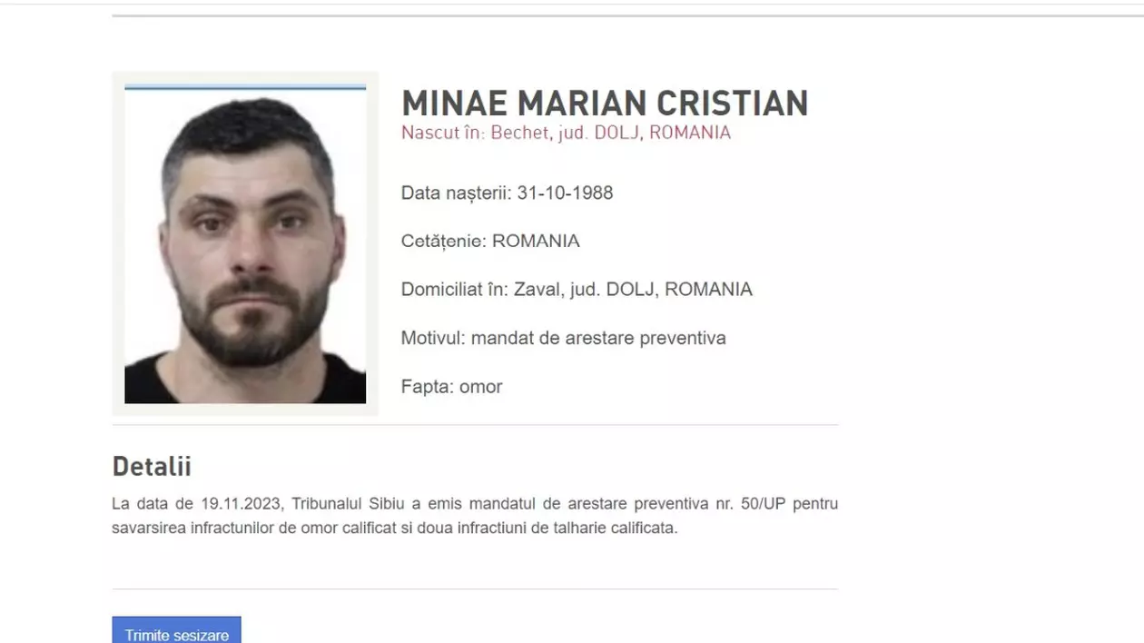 Datele lui Marian Cristian Minae pe site-ul Poliției Române