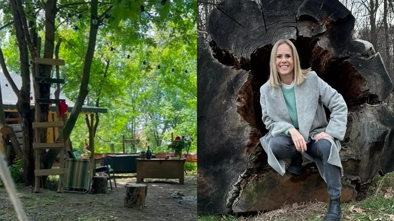 Cum arată cabana din pădure a Mihaelei Bilic după ce i-a pus acoperișul. Și-a amenajat și curtea, unde are hamac
