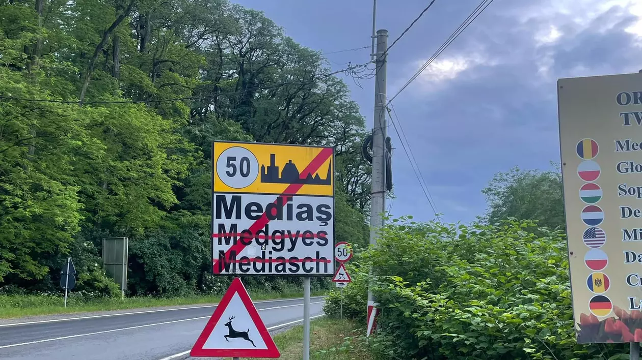 Plăcuțele de la intrarea în Mediaș, vandalizate: denumirile în limba germană și maghiară au fost vopsite cu roșu. Reacția UDMR
