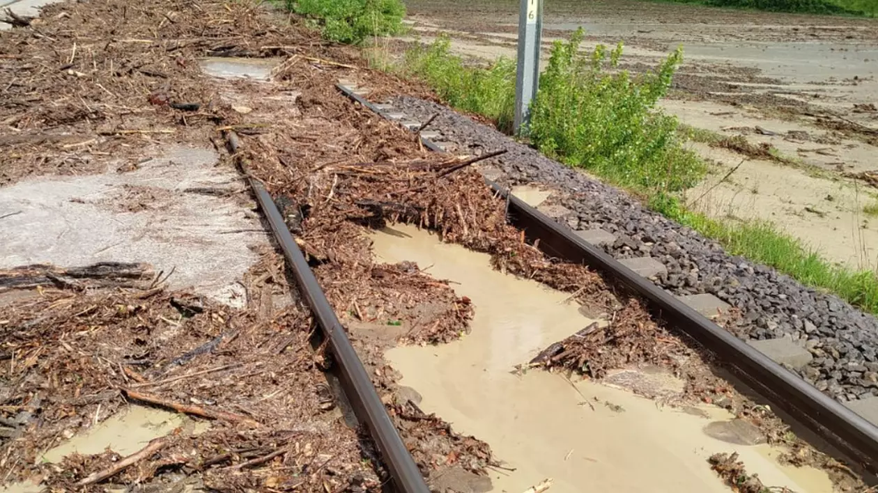 Circulație feroviară blocată din cauza unei viituri. Trenuri cu întârzieri de până la 290 de minute