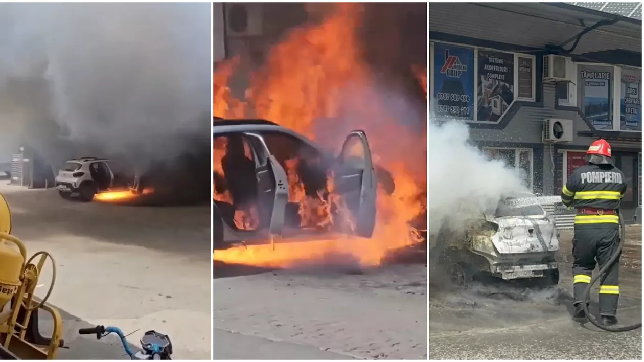 Video cu momentul în care o Dacia Spring a luat foc din senin în parcare, la Tulcea. Mașina a ars complet