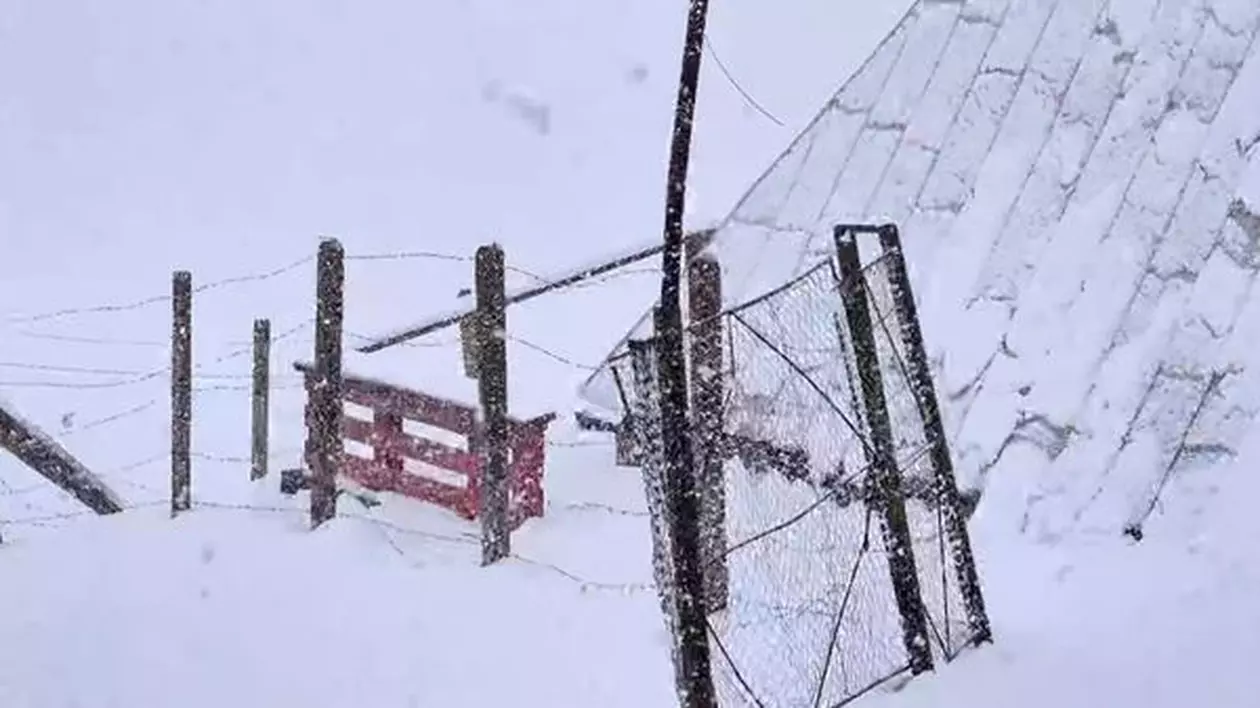 Peisaj de iarnă pe platoul Bucegi, aproape de jumătatea lunii mai. A nins abundent și s-a depus zăpadă