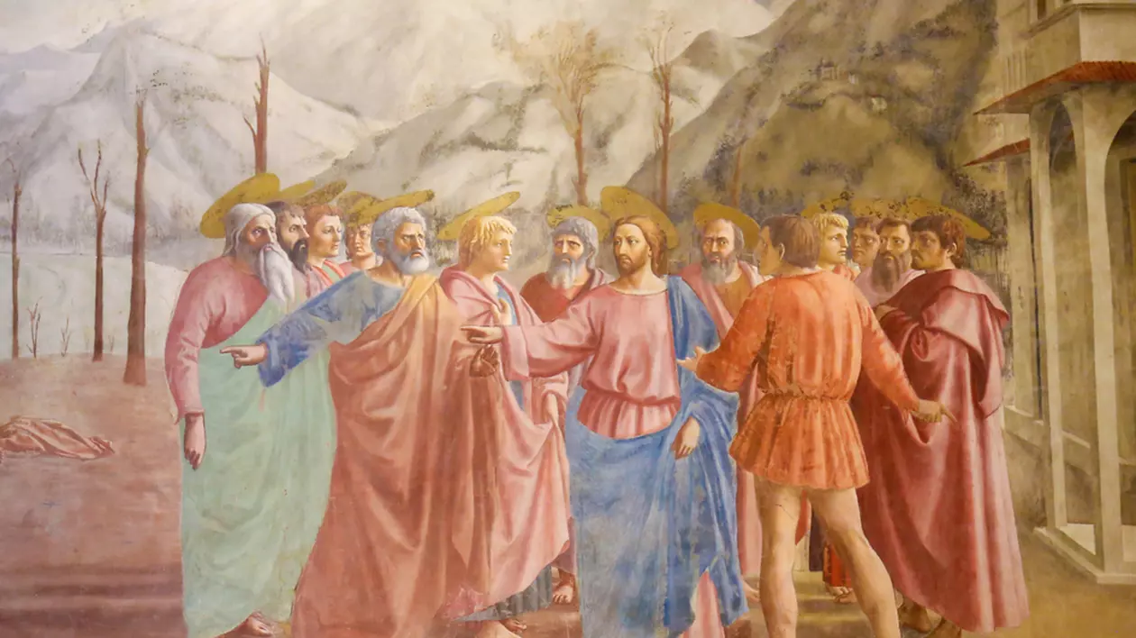 A da Cezarului ce-i al Cezarului - Imagine cu fresca Plata Tributului din Capela Brancacci din Florenţa.