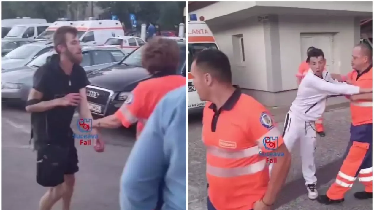 Scandal în curtea Serviciului de Ambulanţă Suceava. Doi bărbaţi s-au bătut și au fost despărțiți de ambulanțieri. VIDEO