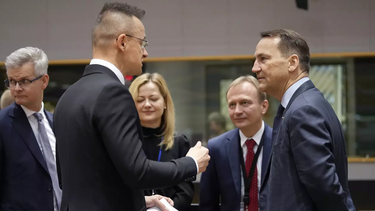 Peter Szijjarto (stânga, prim-plan) surprins în timpul unei discuții la Bruxelles cu Radoslaw Sikorski (dreapta, prim-plan) Foto: Profimedia