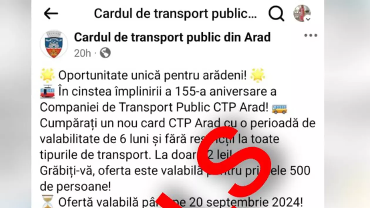 Primăria Arad reclamă o tentativă de fraudă, după ce pe Facebook a apărut o pagină care promite carduri de transport public la 12 lei